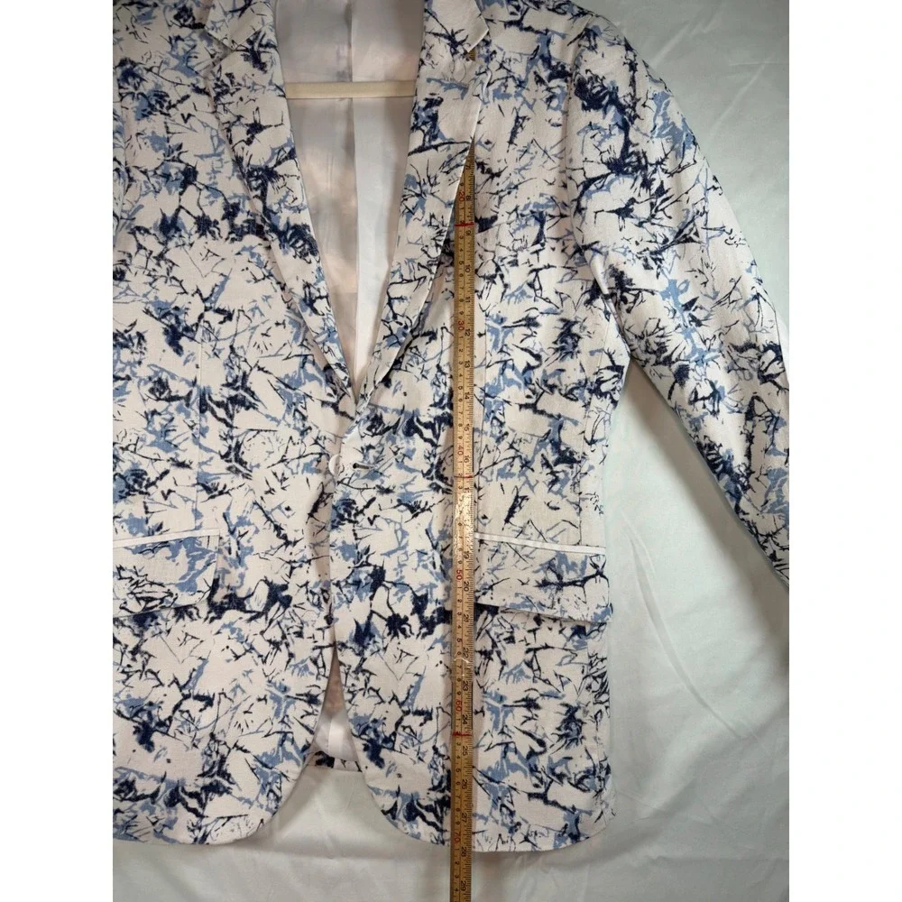 Cielo Mens 36R Blue White Abstract Marble Print Linen Blend Blazer Jacket modern